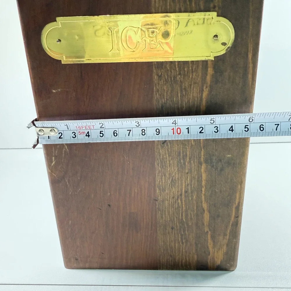 Vintage Wood Ice Bucket Square Brass Label Mid Century Barware Plastic Insert